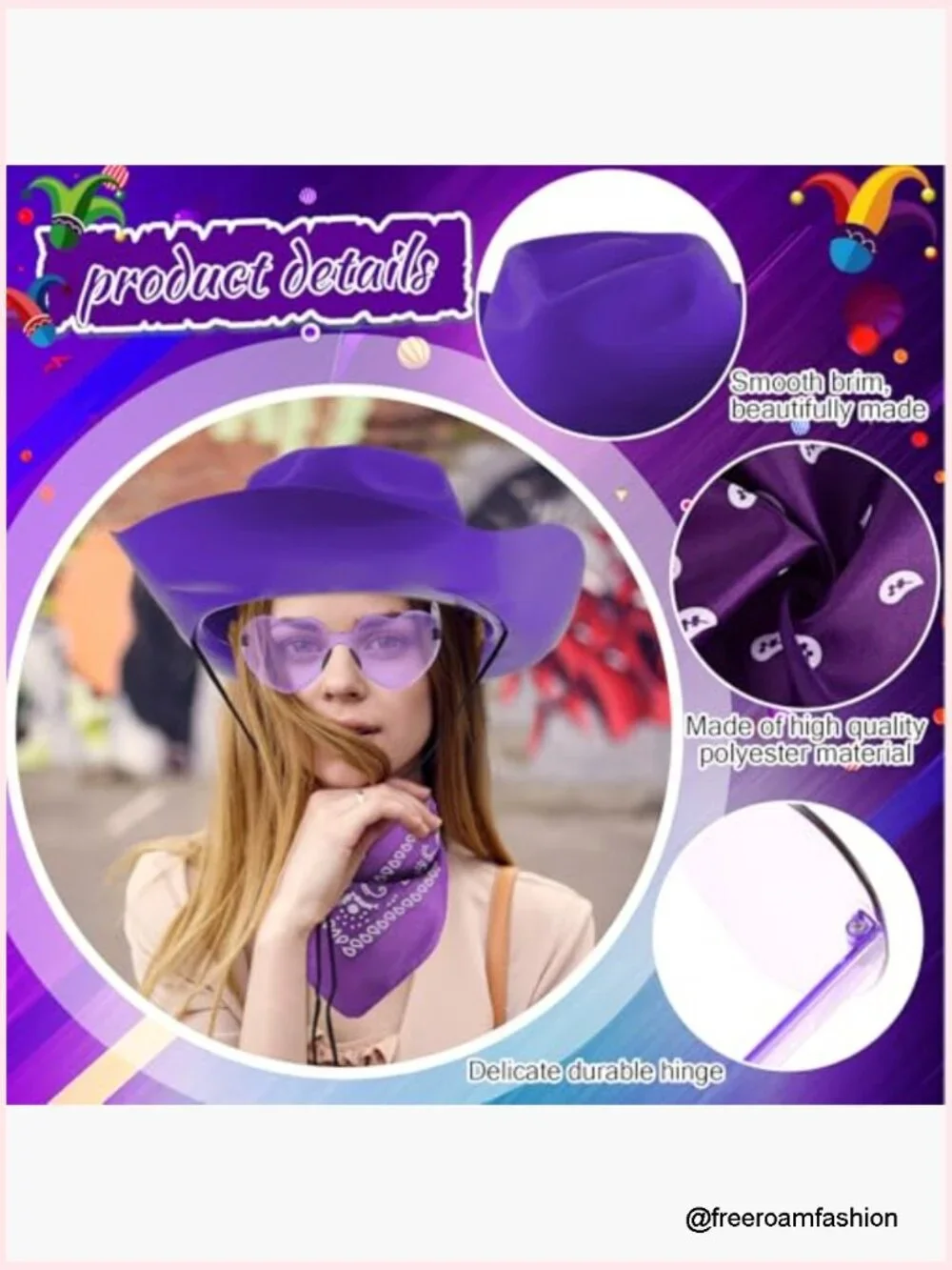 Western Cowboy Hat Set with Bandanas and Heart Glasses